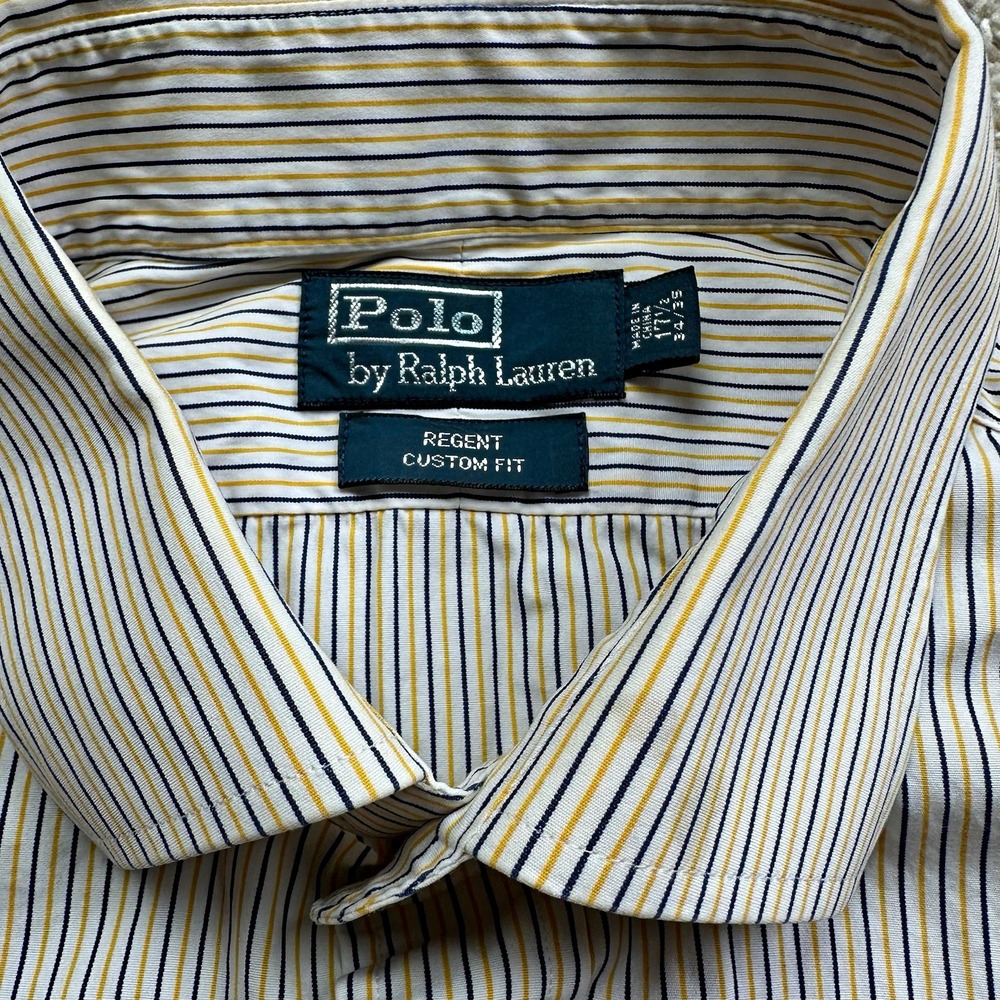 Polo Ralph Lauren Shirt Men 17 34/35 Regent Custom Fit Yellow Blue Striped L/S